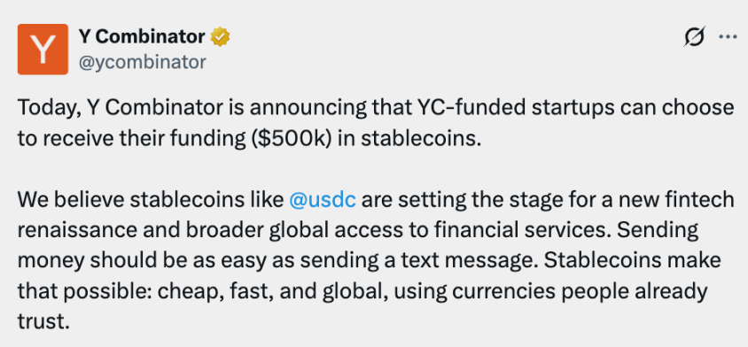 孵化出Coinbase14年后,YC终于决定用USDC发投资款了缩略图 孵化出Coinbase14年后,YC终于决定用USDC发投资款了缩略图